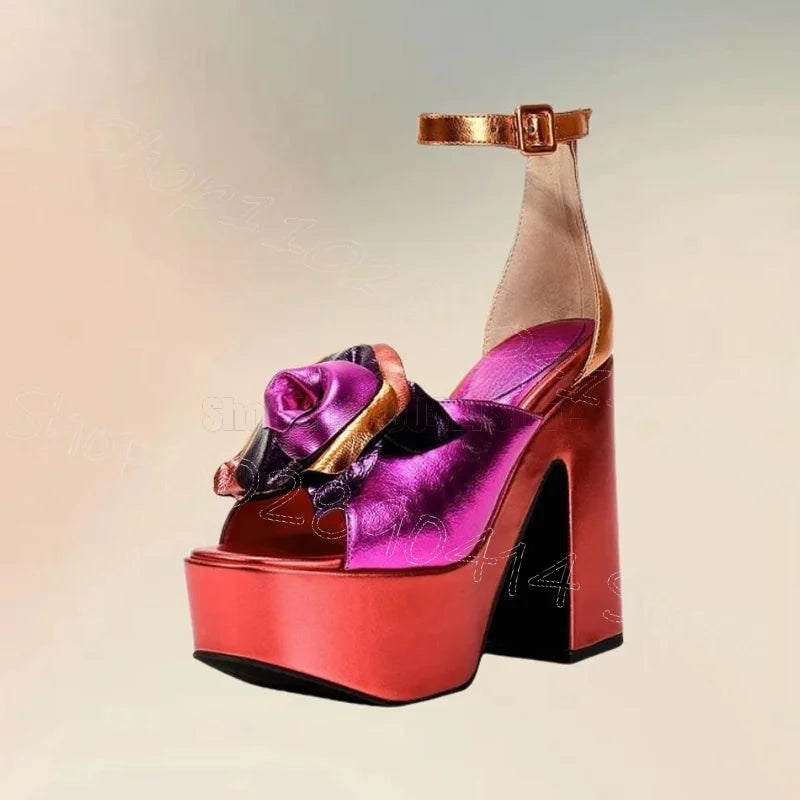 Rose Red Open Toe Platform Sandals with Buckle Strap for Women