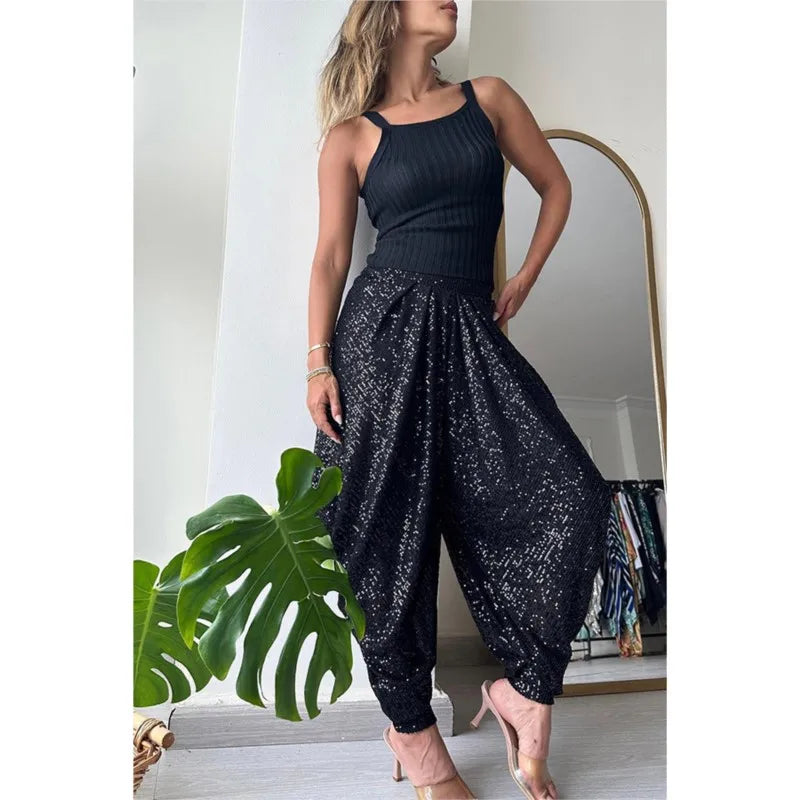 Women Elastic Waist Bloomers Spring Summer Sequins Patchwork Trousers Loungewear Fashion Solid Loose Ladies Streetwear