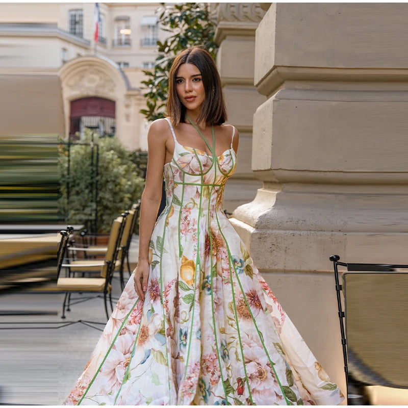 Sweetheart Neckline Floral Print Linen Blend Maxi Dress For Women