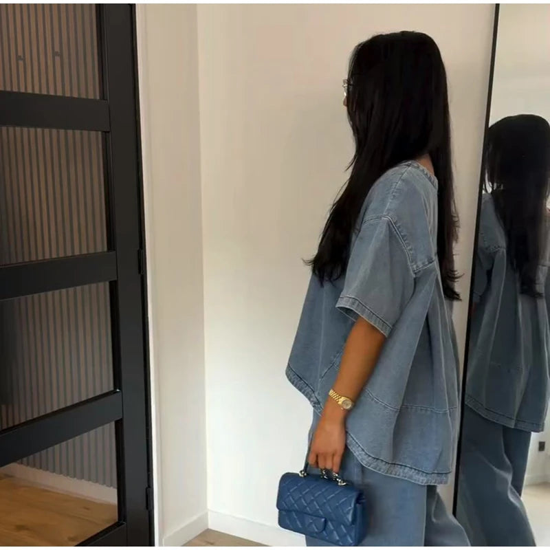 Oversized O Neck Casual Denim Two Piece Set for Women
