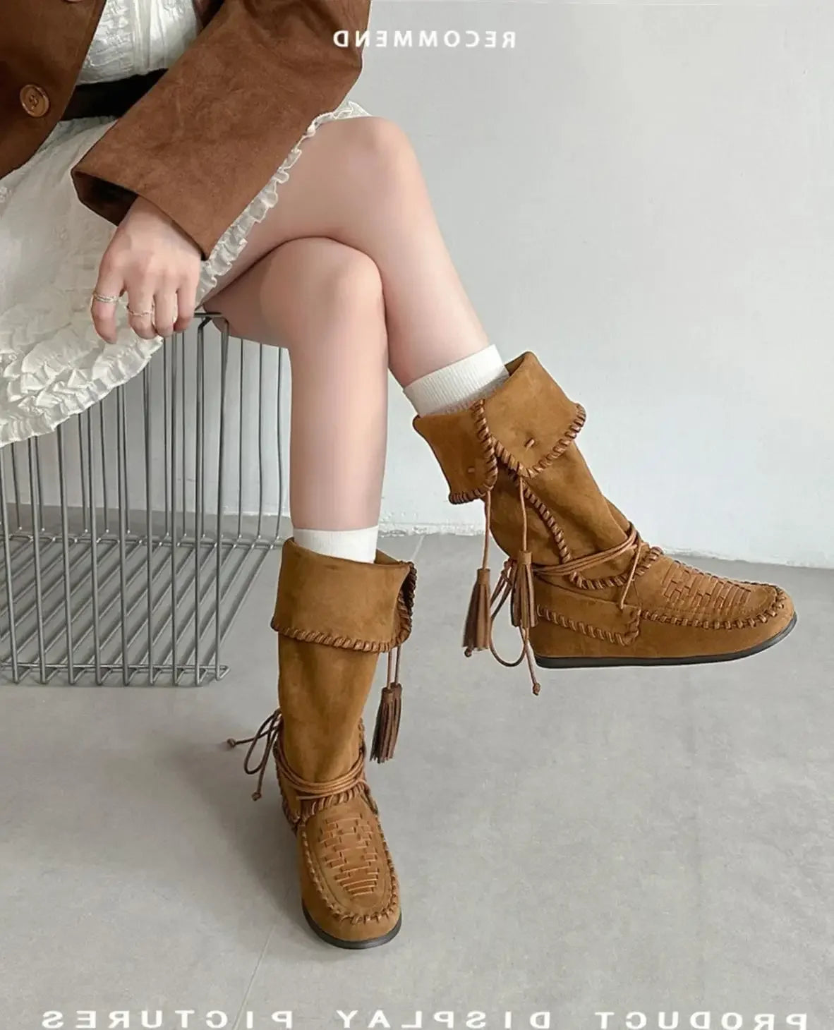 Fringe Woven Suede Mid Calf Boots With Fold Over Cuff For Women