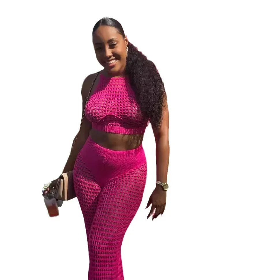 Sleeveless Pink Knit Two-Piece Trouser Set for Women