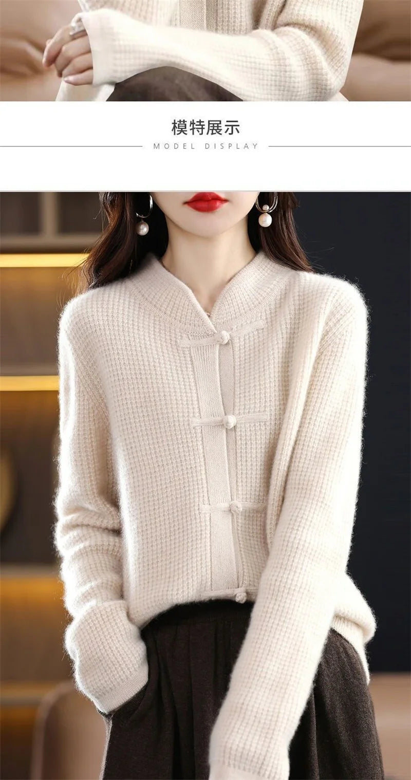 Vintage Knitted Cardigan Women's Thickened Half High Collar frog Loose Slim Sweater Coat Chinese Style Top Autumn And Winter N