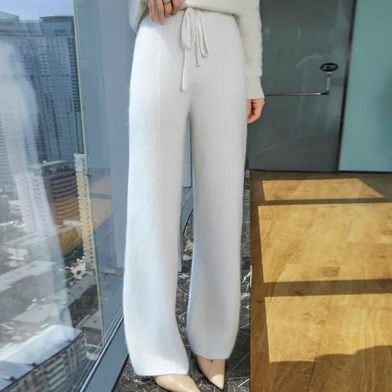 Elastic Waist Wide-Leg Knitted Cashmere Trousers for Women