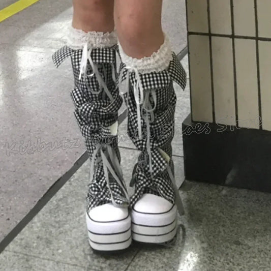 Checkered Canvas Boots Knee High Platform Lace-Up Mixed Color Fashion Elegant Luxury Novelty Women Shoes Round Toe Thick Bottom