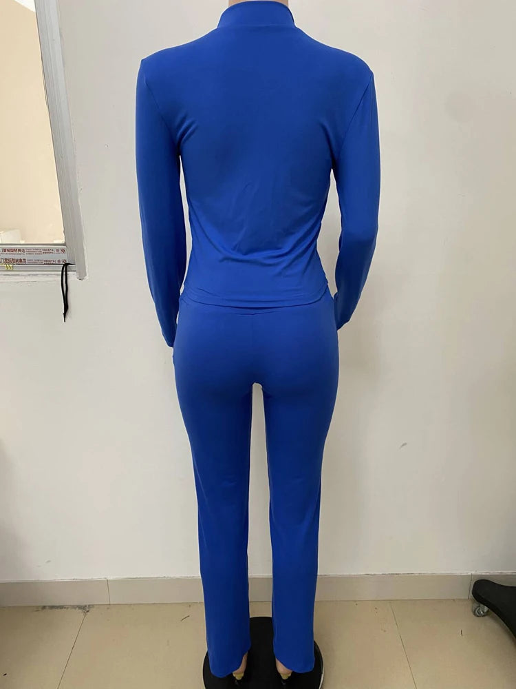 Zip Up Crop Top and High Waist Pants Tracksuit Set for Women