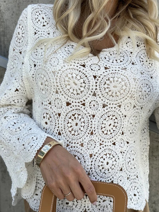 New Casual Solid Color Beach Cover Tees Sexy V-neck Long Sleeved Crochet Top Summer Vacation Hollow Out Knitted Women's T-shirt