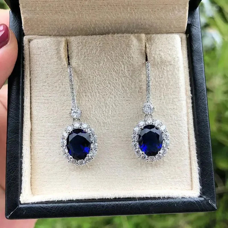 Drop Earrings With Oval Cut Ruby And Sapphire Stones In Sterling Silver 925, Vintage Style