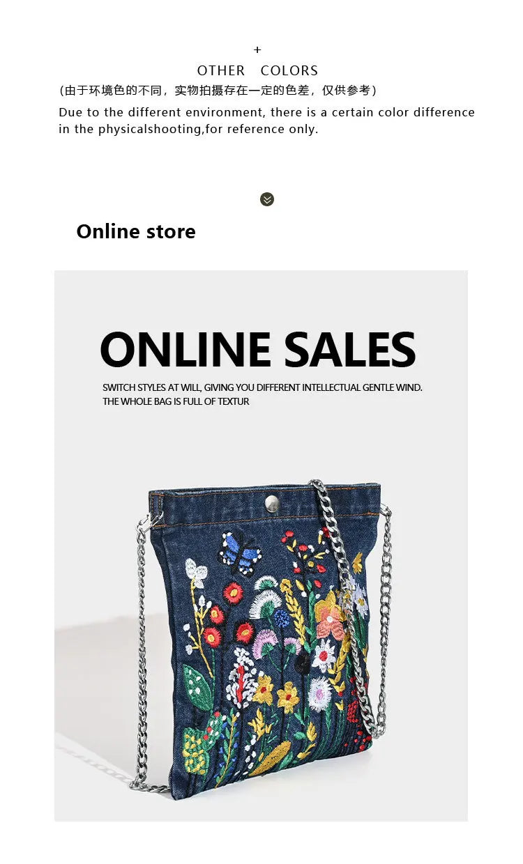 Embroidered Floral with Chain Shoulder Bag for Women