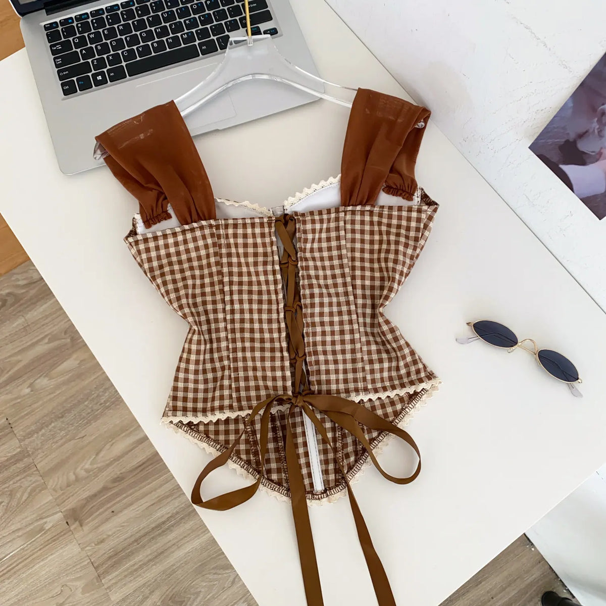 Retro Gingham Lace Up Bustier Corset Top for Women