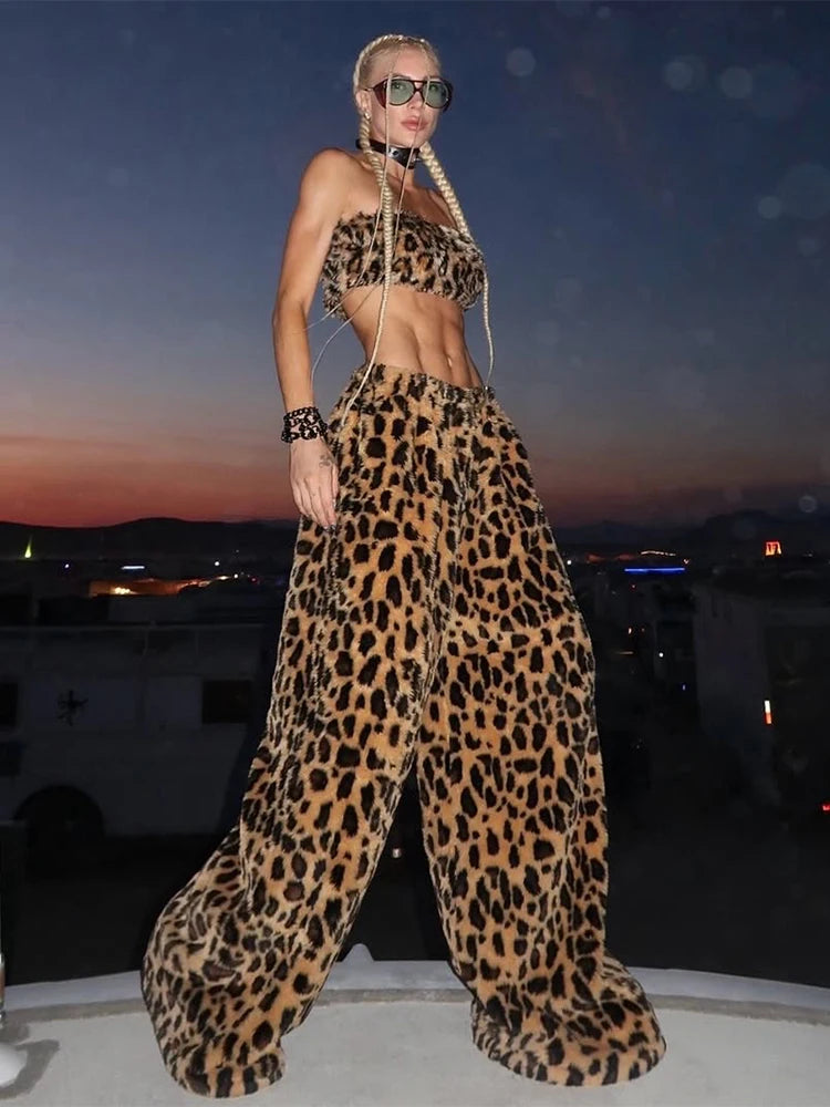 Leopard Print Furry Streetwear Two Piece Set for Women