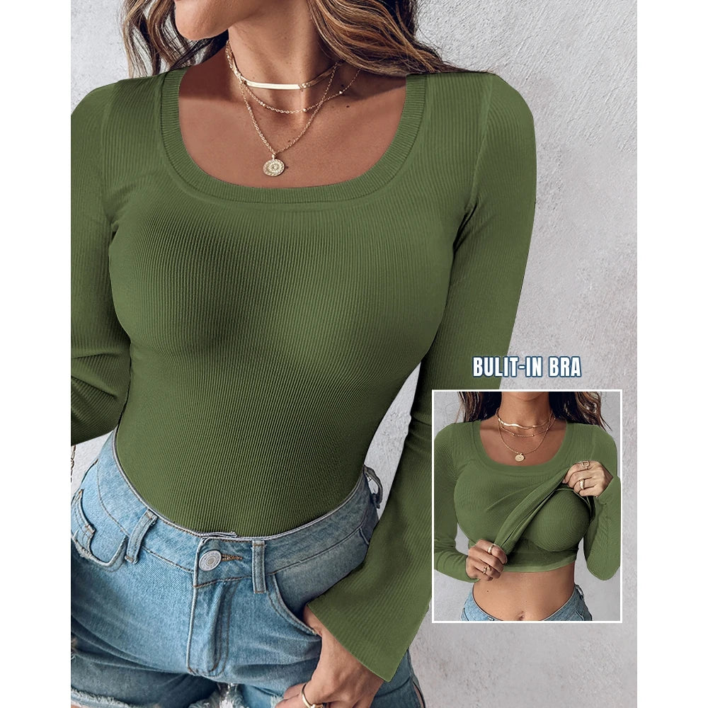 Autumn Spring Women U-Neck Built-in Bra Long Sleeve Ribbed Top Femme Skinny Casual Basic Easy Matching T-Shirts