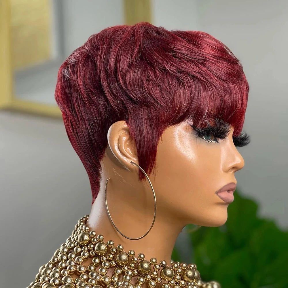 Burgundy Blonde Glueless Short Pixie Cut Human Hair Wig for Women