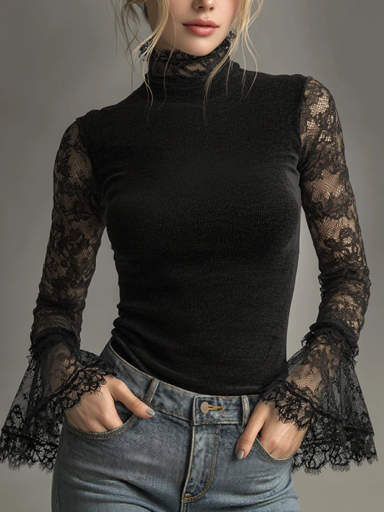 Elegant Turtleneck Sheer Lace Flare Sleeve Blouse for Women