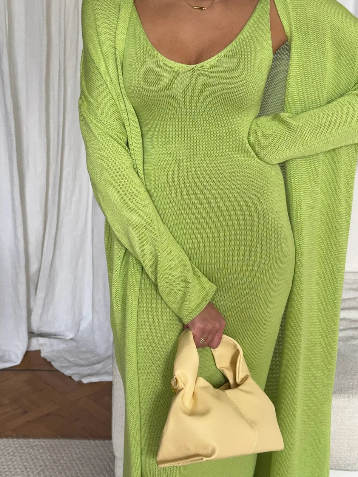 V-Neck Ribbed Knit Maxi Dress Set