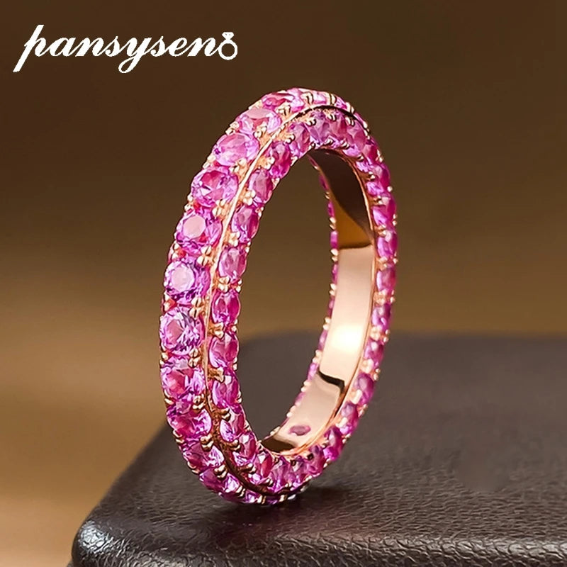 PANSYSEN Luxury 925 Sterling Silver Pink Sapphire High Carbon Diamond Ring for Women 18k White Gold Plated Wedding Party Jewelry