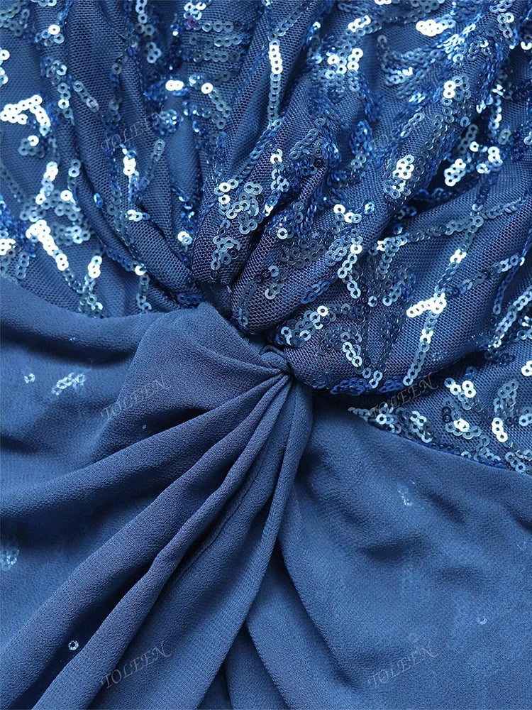 TOLEEN 2024 New Plus Size Twist Knot Long Sleeve Formal Evening Gown Women Luxury Elegant Sequin Plaid Party Prom Maxi Dresses