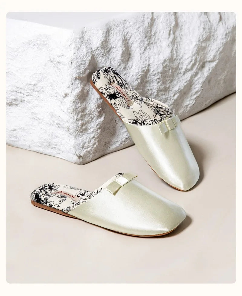 Elegant Silk Print Butterfly Knot Flat Slippers for Women