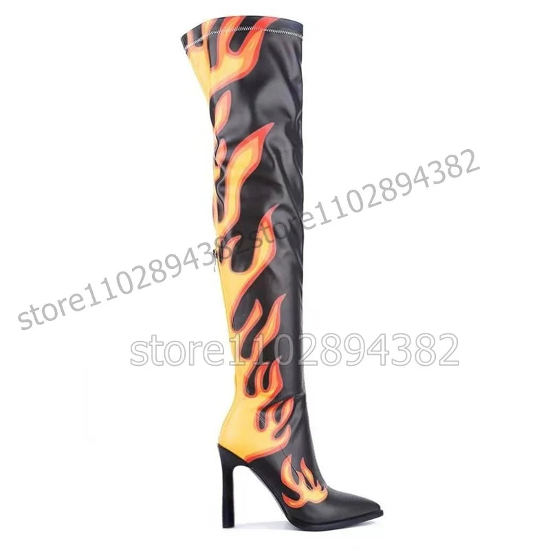 Mixed Color Totem Print Pointed Toe Thigh High Boots For Women