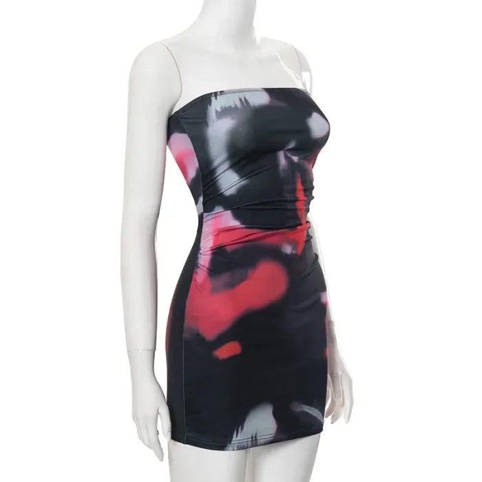 Short Dress for Women Streetwear Fashion Sexy Tight Fitting Backless Skirt Print Strapless Sleeveless Dresses Summer 2025 New
