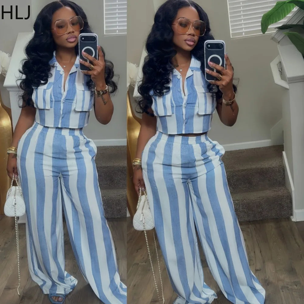 Striped Crop Top and Wide Leg Pants Two Piece Set for Women