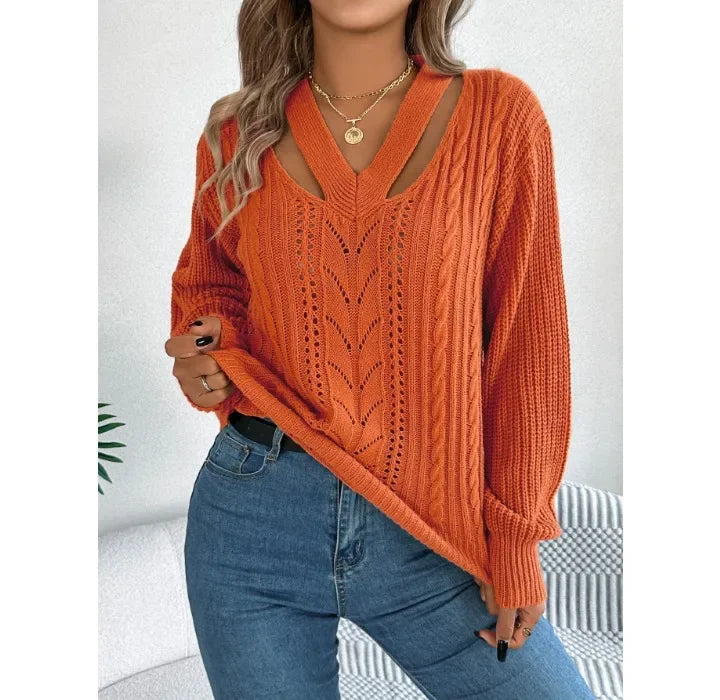Casual Sweater Women Streetwear Hollow V-neck Elegant Lantern Sleeve Head Tops 2024 Autumn/Winter New Long Sleeved T-shirt Y2k