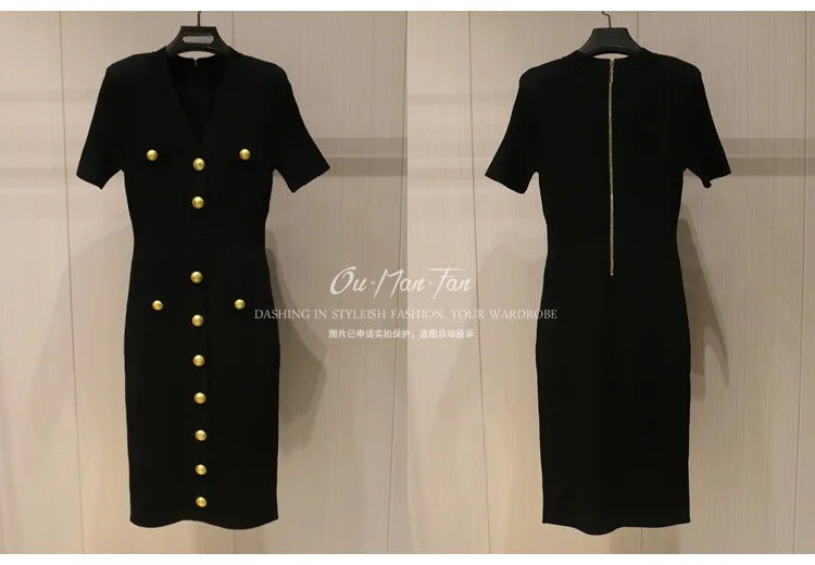 2026 Summer Fashion V-neck Metallic Buckle Knit Bodycon Midi Dress Women's Commute Slim Fit Elegant Short Sleeve Dresses