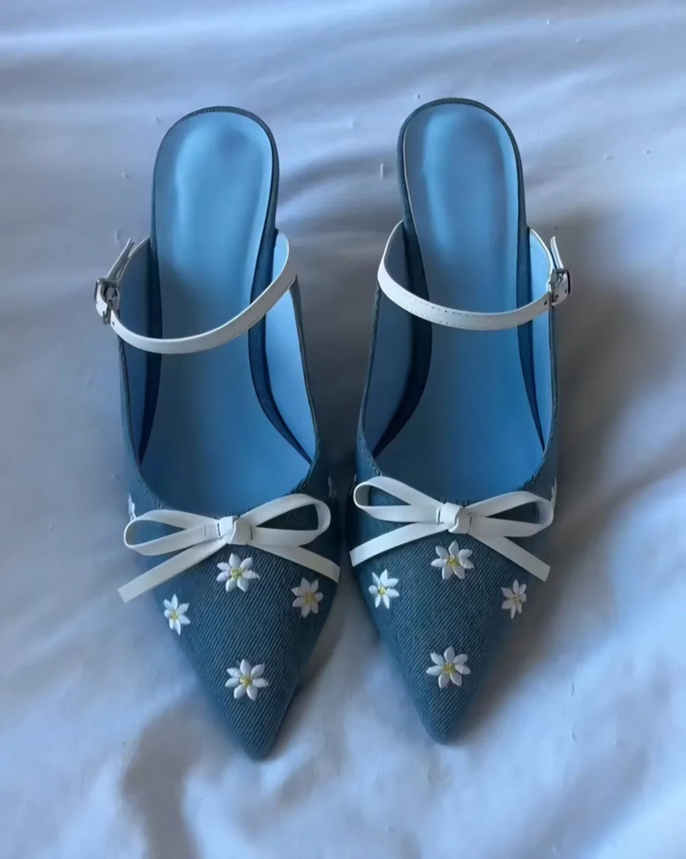 Blue Denim Daisy Bow Stiletto Sandals