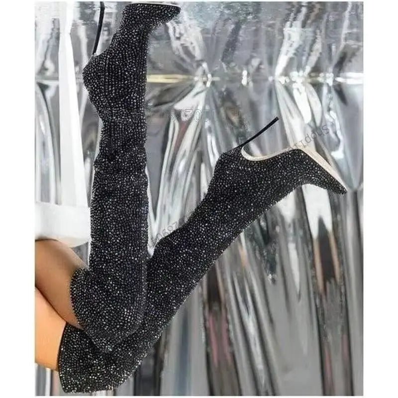 Black Rhinestone Pointed Toe Heeled Boots For Women
