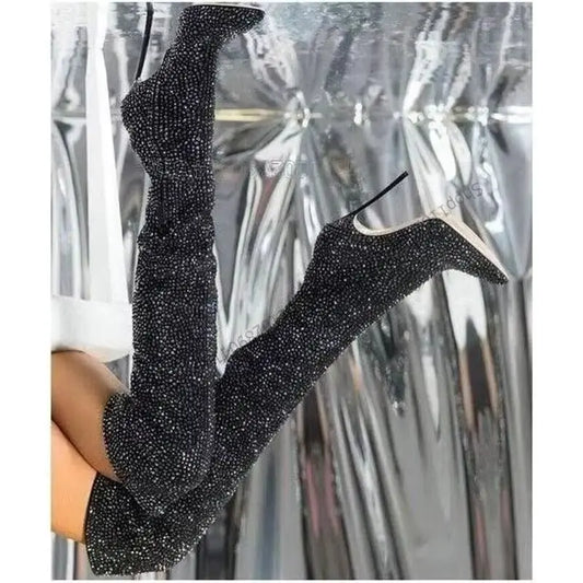 Black Rhinestone Pointed Boots