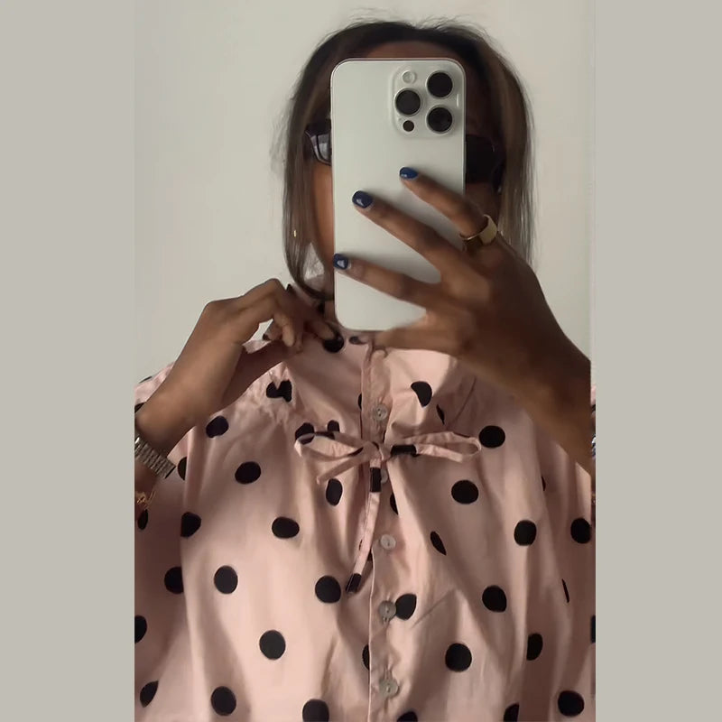 Polka Dot Lace Up Stand Collar Single Breasted Jacket for Women