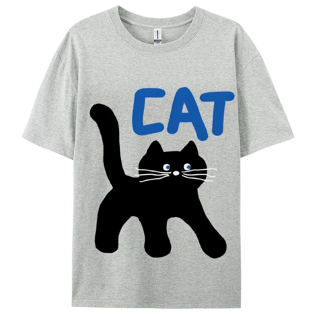 Women's Basic Crew Neck Tee Trendy Y2K Women's Short Sleeve Cartoon Cat Print Cute Aesthetic Cotton Casual T-Shirt