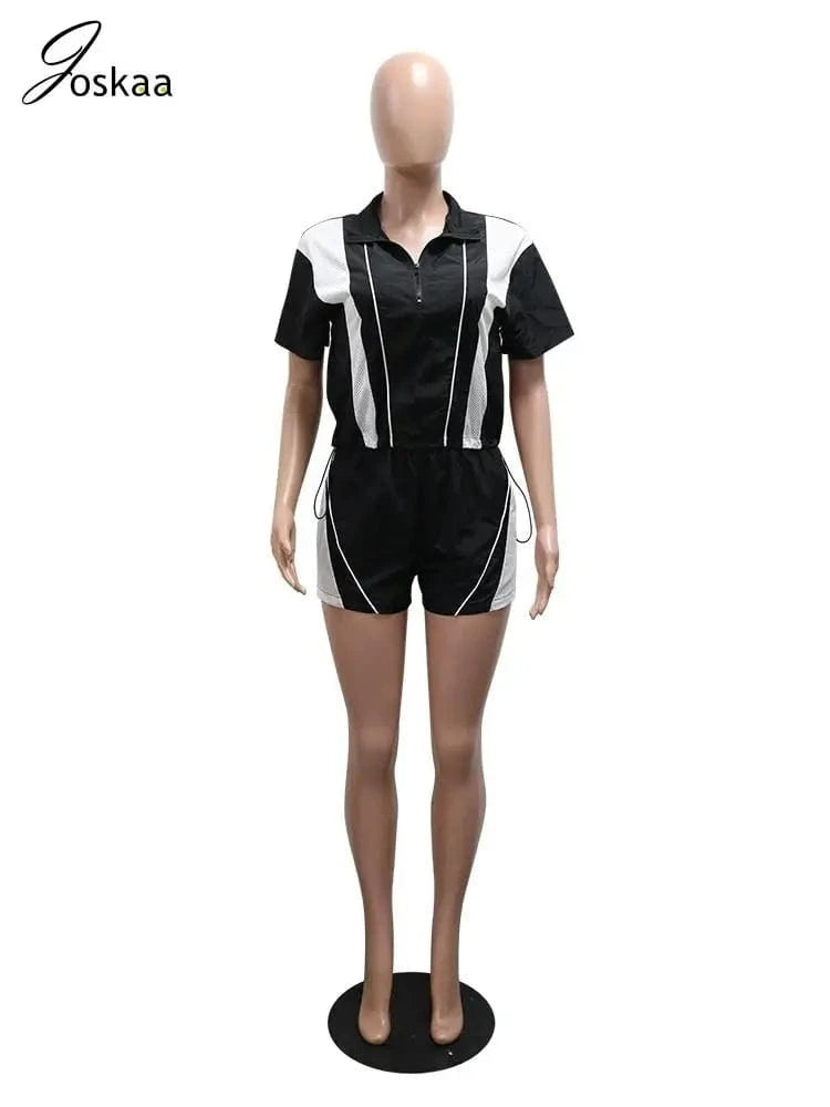 Joskaa 2025 Summer Women's Sporty 2 Piece Set Casual Patchwork Short Sleeve Top and Shorts Matching Tracksuits Y2K Streetwear