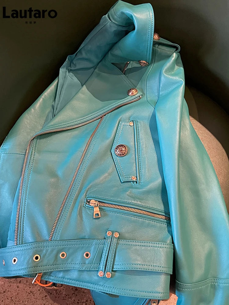 Bright Green Faux Leather Biker Jacket With Adjustable Waist For Women
