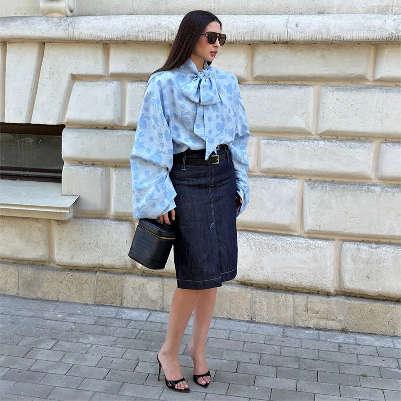 Elegant Printed Long Sleeve Lace Up Collar Blouse for Women