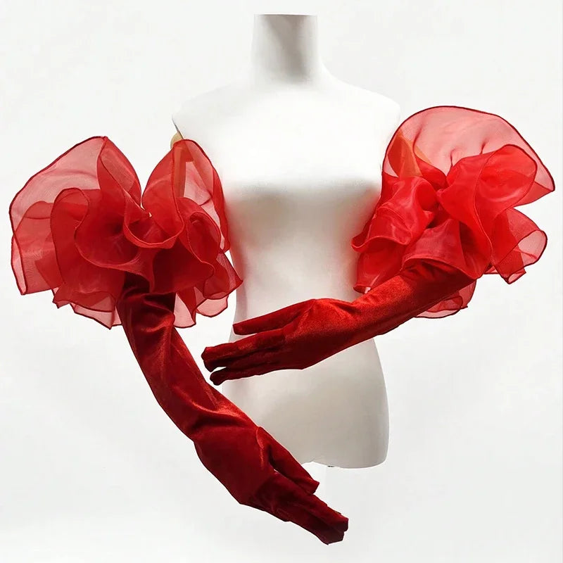 Elegant Velvet Elbow Length Ruffle Gloves for Women