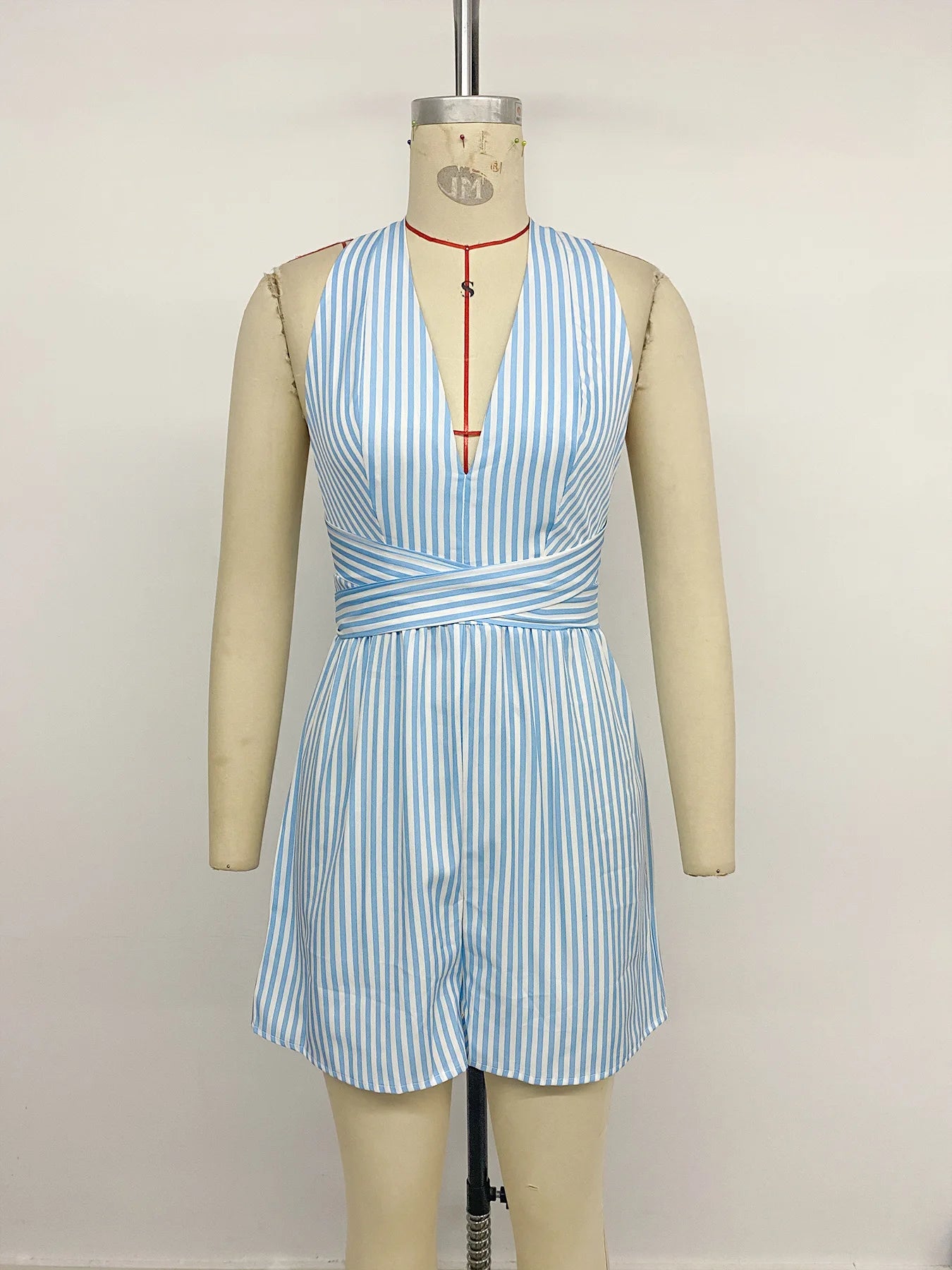 Striped Deep V Neck Sleeveless Cross Back + Romper + for Women