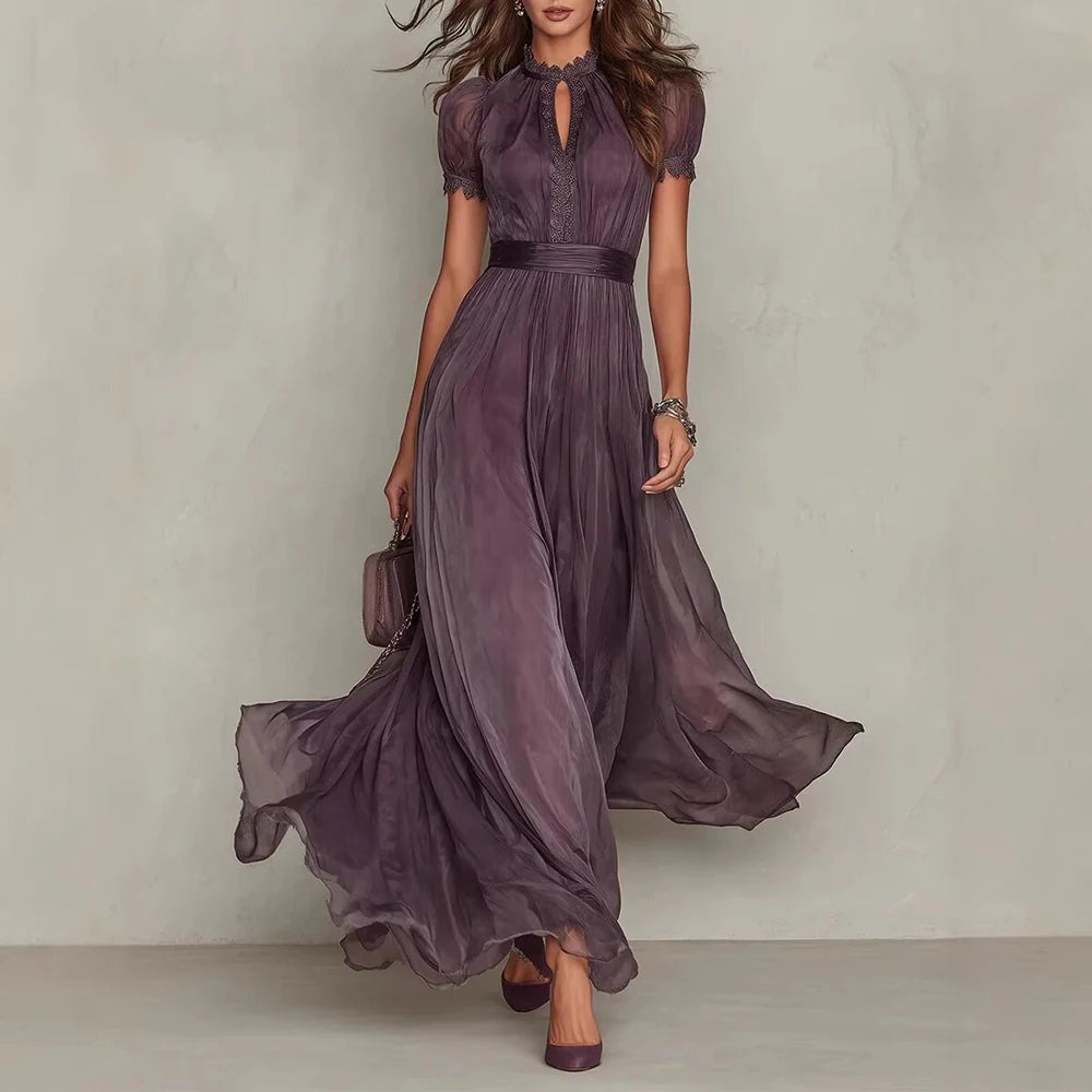 Elegant Lace Trim Chiffon Maxi Evening Dress for Women