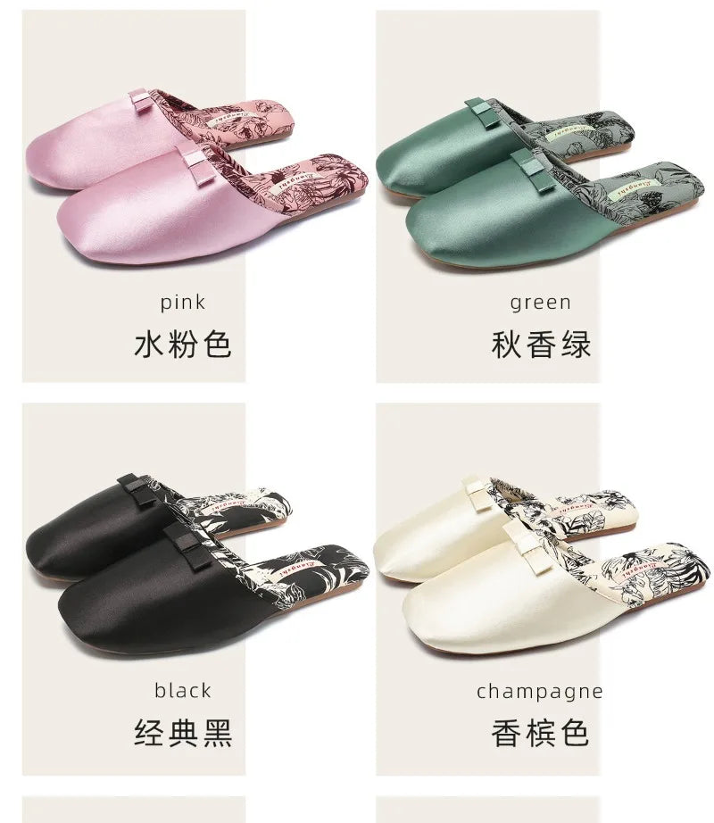 Elegant Silk Print Butterfly Knot Flat Slippers for Women
