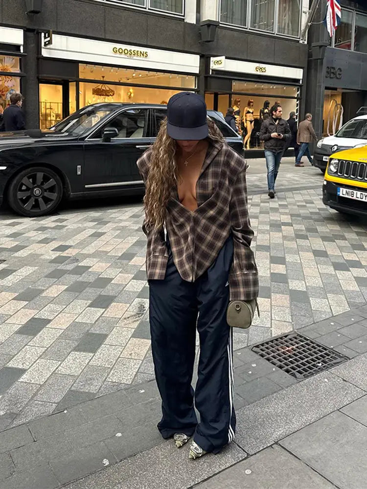 Chic Tailored Plaid Women's Shirts Unique Laple Contrast Full Sleeve Oversize Female Blouse 2025 Autumn Fashion Lady Streetwears