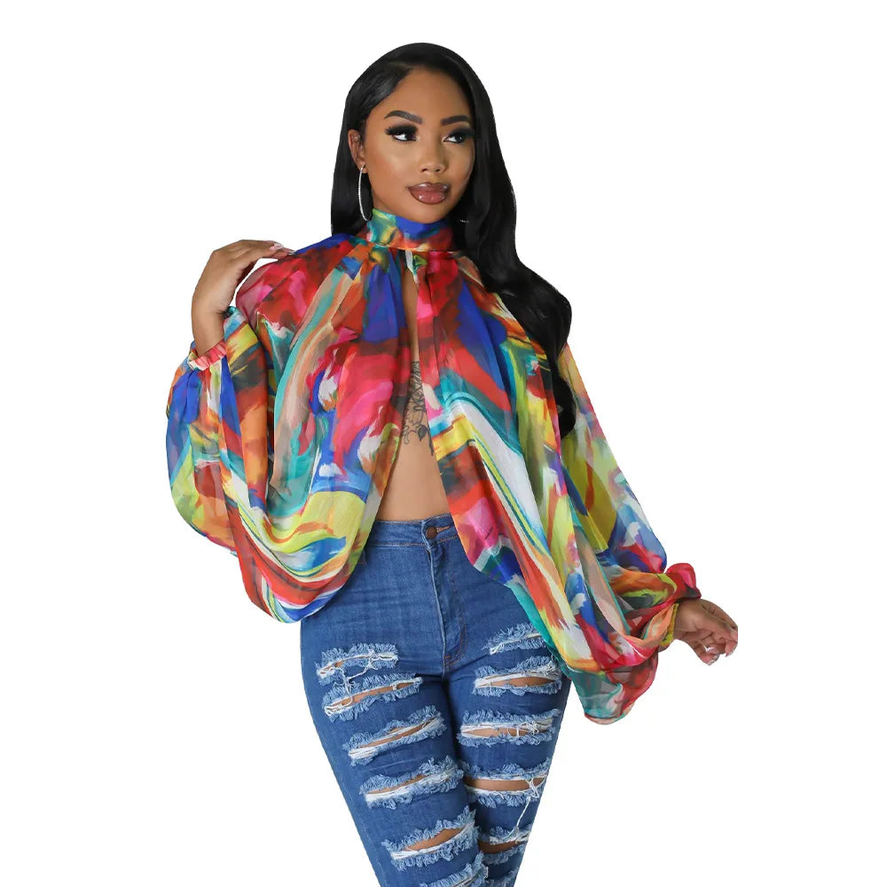Sheer Lantern Sleeve Blouse with Tie Back for Women