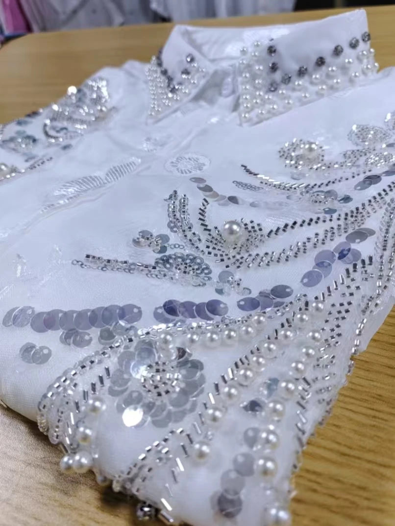 Elegant Embroidered Pearl Sequin Lantern Sleeve Blouse for Women
