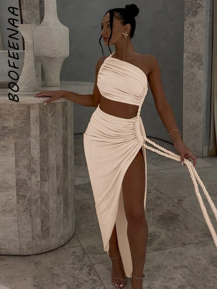 BOOFEENAA Asymmetrical Ruched Backless High Split Long Dresses 2025 Woman Summer Dress Elegant Sexy Vacation Outfits C70-FD75