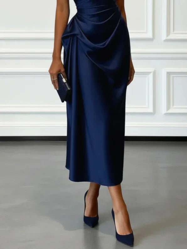 Elegant Satin Sleeveless Evening Party Midi Dress for Women