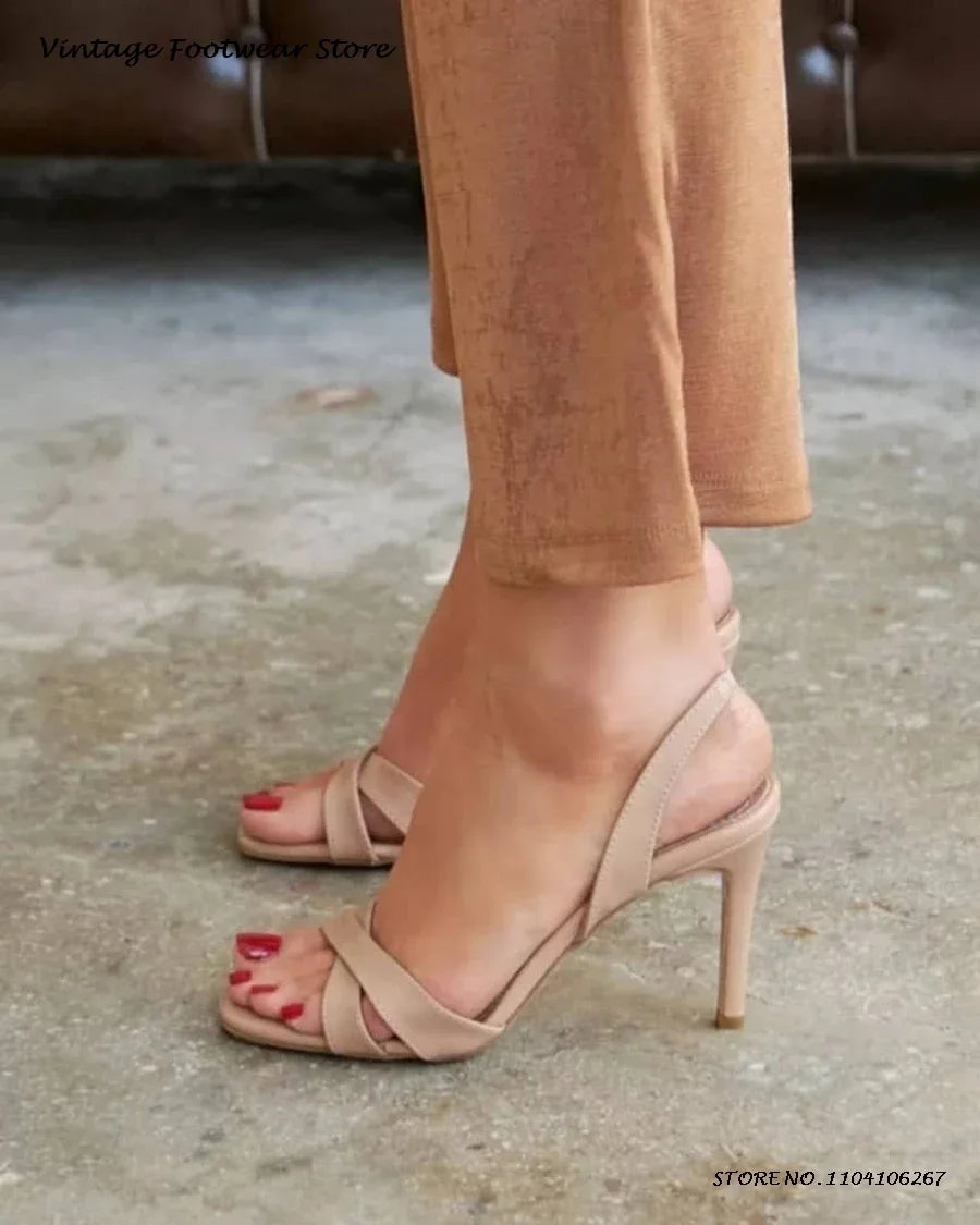 Cross-Strap Leather Slingback Stiletto Sandals for Women