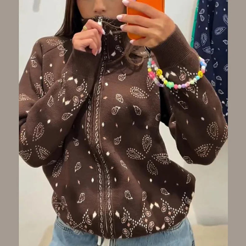Vintage Printed Knit Stand Collar Zip Cardigan for Women