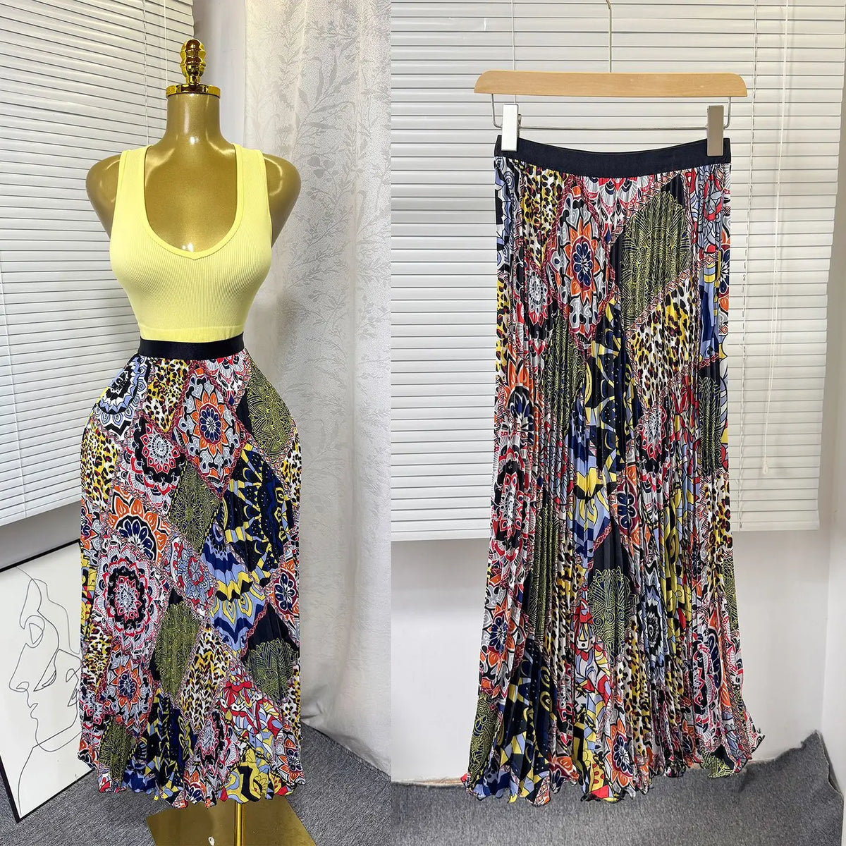 Floral Ruffle A Line Midi Skirt with Elastic Waist for Women