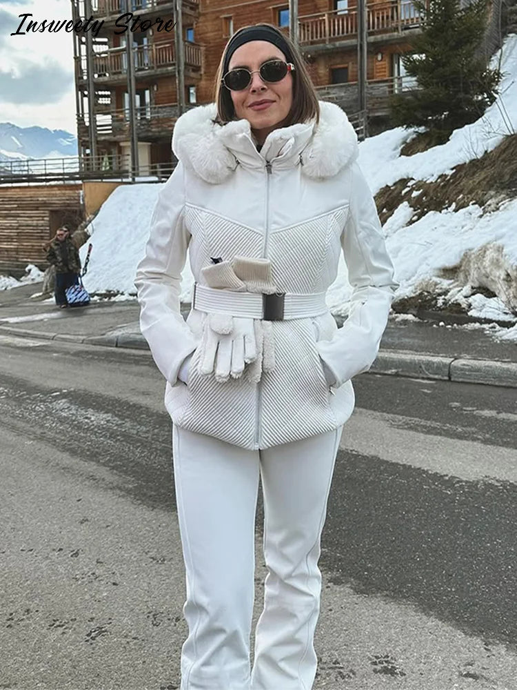 Warm Fur Trim Hooded Winter Ski Suit with Belt for Women