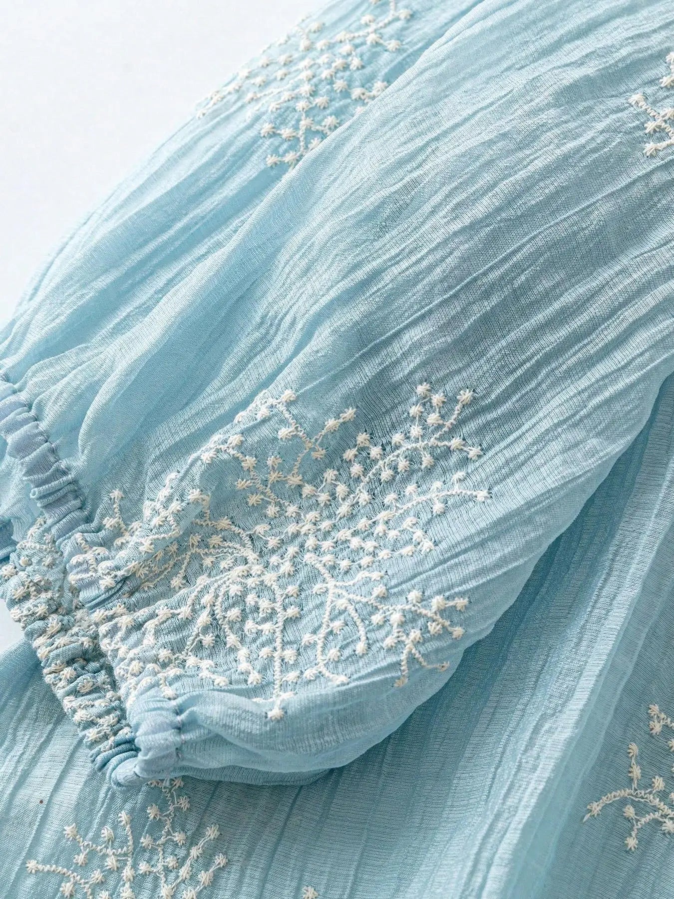 【Plus Size】 Embroidery Tie Neck Blouse, Boho Casual Bishop Sleeve Top for Daily Holiday Vacation Wear, Women Plus Clothing for A