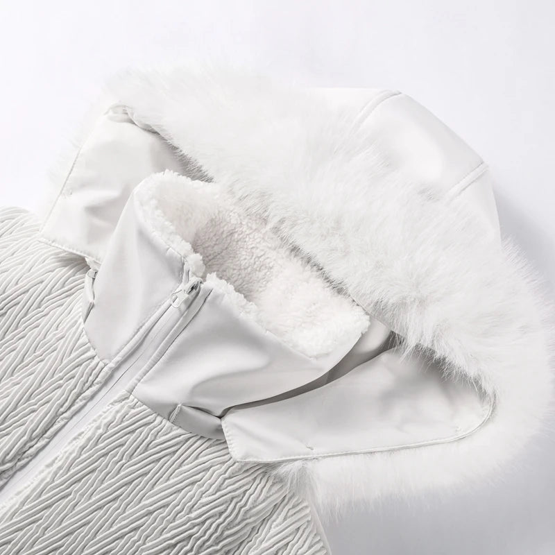 Warm Fur Trim Hooded Winter Ski Suit with Belt for Women